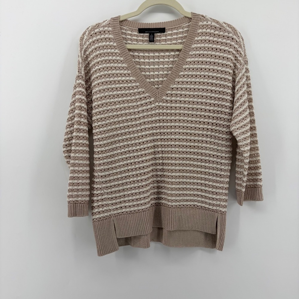 White House Black Market Sweater Tan White Womens Small Petite Striped V-Neck
